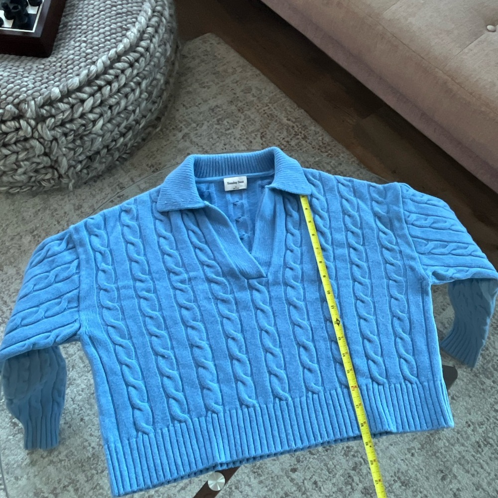 Aritzia Sunday Best Lottie Blue Merino Wool Relaxed Polo Cotagecore Sweater SzS - Picture 13 of 17